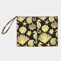 Metallic Sea Life Starfish Seahorse Coral Patterned Pouch Clutch Bag