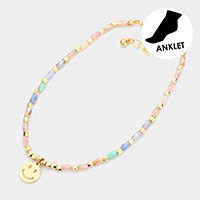 Metal Smile Charm Faceted Rectangle Beaded Anklet