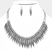 Metal Feather Fringe Statement Necklace
