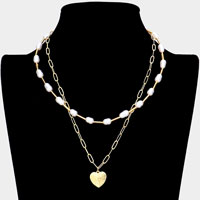 Metal Heart Pendant Freshwater Pearl Link Double Layered Necklace