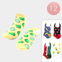 12Pairs - Lime Banana Strawberry Watermelon Pineapple Printed Socks