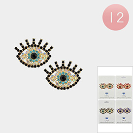 12Pairs - Rhinestone Embellished Evil Eye Stud Earrings