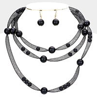Pearl Accented Triple Layered Mesh Bib Necklace