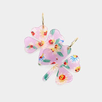 Flower Patterned Resin Clover Dangle Earrings