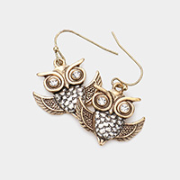 Stone Embellished Metal Owl Dangle Earrings