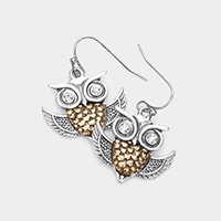 Stone Embellished Metal Owl Dangle Earrings