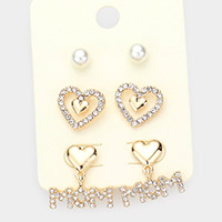 3Pairs - Pearl Rhinestone Embellished Heart MOM Earrings