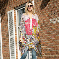 Mixed Patchwork Patterned Cover Up Kimono Poncho