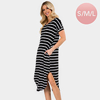 Striped Curved Hem Midi Pockets Dress