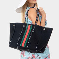 2PCS - Color Block Accented Solid Beach Tote Bag and Mini Pouch Bag Set