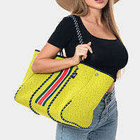 2PCS - Color Block Accented Solid Beach Tote Bag and Mini Pouch Bag Set