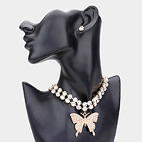 Rhinestone Embellished Metal Butterfly Pendant Choker Necklace