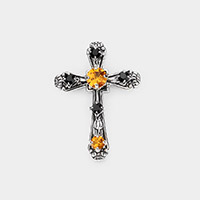 Stone Embellished Antique Metal Cross Pin Brooch / Pendant
