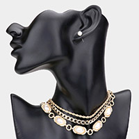 3PCS - Metal Chain Rhinestone Embellished Oval Pearl Link Choker Necklaces