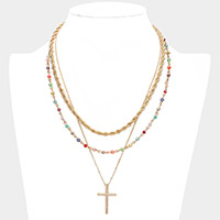 Rhinestone Embellished Cross Pendant Triple Layered Necklace