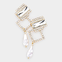 Rectangle Stone Accented Teardrop Freshwater Pearl Link Dangle Evening Earrings