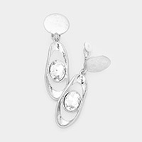 Oval Stone Accented Abstract Open Metal Dangle Clip on Earrings