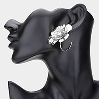 Stone Centered Metal Flower Accented Half Hoop Earrings