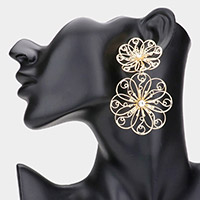 Stone Centered Double Metal Flower Link Dangle Earrings
