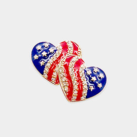 Rhinestone Embellished Enamel American USA Flag Heart Stud Earrings