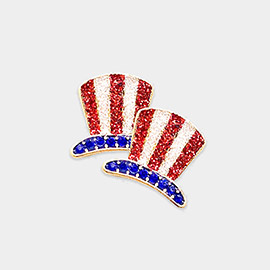 Rhinestone Embellished Glittered American USA Flag Hat Stud Earrings