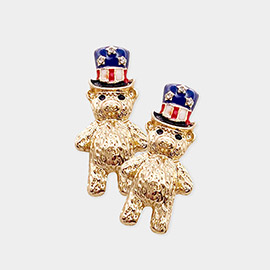 Rhinestone Embellished Enamel American USA Flag Hat Bear Stud Earrings
