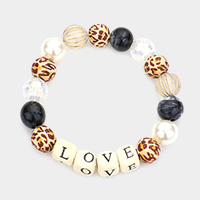 LOVE Message Accented Pearl Leopard Patterned Beaded Stretch Bracelet