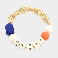 HAPPY Message Accented Open Metal Oval Link Stretch Bracelet