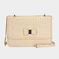 Bow Pointed Straw Rectangle Crossbody Bag
