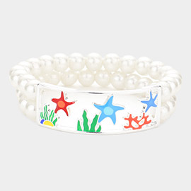 Enamel Starfish Coral Accented Double Layered Pearl Stretch Bracelet