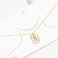 -D- Gold Dipped Metal Monogram Rhinestone Oval Link Pendant Necklace