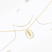-V- Gold Dipped Metal Monogram Rhinestone Oval Link Pendant Necklace