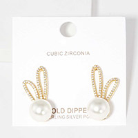 Gold Dipped CZ Pearl Rabbit Stud Earrings