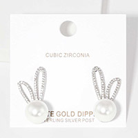 White Gold Dipped CZ Pearl Rabbit Stud Earrings