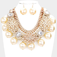 Flower Stone Pave Accented Pearl Statement Necklace