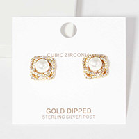 Gold Dipped CZ Pearl Rose Stud Earrings