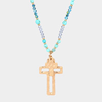 Semi Precious Stone Faceted Beads Cross Open Metal Pendant Long Necklace