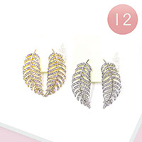 12Pairs - Stone Embellished Leaf Stud Earrings