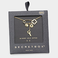 Secret Box_14K Gold Dipped CZ Flower Key Lock Heart Pin Pendant Necklace
