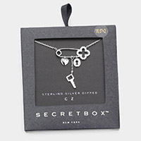 Secret Box_Sterling Silver Dipped CZ Flower Key Lock Heart Pin Pendant Necklace