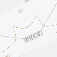 White Gold Dipped Fxxx Message Rhinestone Pave Block Pendant Necklace