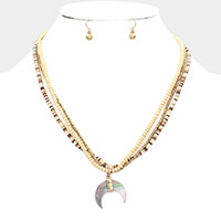Wood Heishi Beaded Abalone Crescent Pendant Triple Layered Pendant Necklace