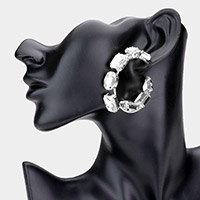 Square Oval Stone Embellished Hoop Evening Earrings