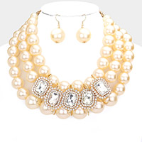 Rhinestone Pave Stone Accented Pearl Necklace