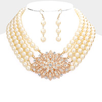 Rhinestone Pave Flower Accented Pearl Necklace