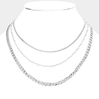 Tiny Pearl Metal Chain Link Triple Layered Bib Necklace