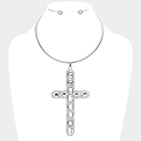 Glass Stone Embellished Cross Pendant Necklace
