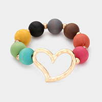 Hammered Metal Open Heart Accented Wood Ball Bracelet