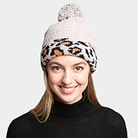 Solid Color Linked Leopard Accented Pom-Pom Beanie