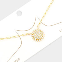 Gold Dipped CZ Stone Pearl Round Pendant Necklace